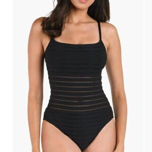 La Blanca One-Shoulder Illusion Stripe One-Piece Swimsuit – Black – Size 10 – NW